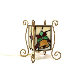 Vintage Stained Glass Christmas Accent Lamp 4-Sided - Bell, Wreath - Wor…